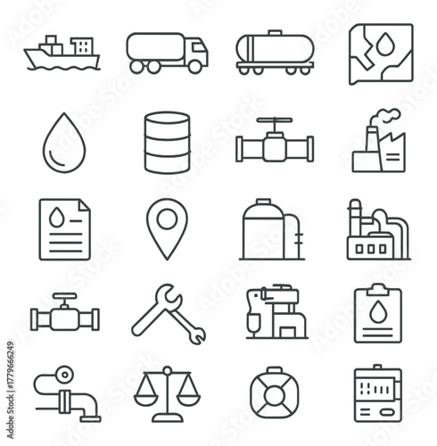 Industrial icons set: shipping, fuel, infrastructure, and tools on gradient background