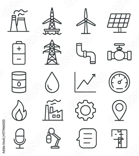 Industrial energy icons: power, oil, renewable, infrastructure, and efficiency symbols