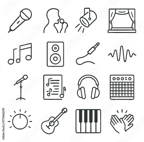 Vector icons: music symbols including microphone, headphones, guitar, piano, stage, and more