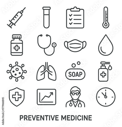 Preventive medicine icons: syringe, stethoscope, mask, doctor, soap, vaccine, chart