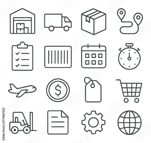 Logistics and delivery icons: shipping, tracking, warehouse, inventory, shopping