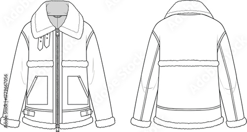 Shearling jacket technical flat sketch, front and back view, fashion CAD drawing, winter outerwear design, vector illustration for a 