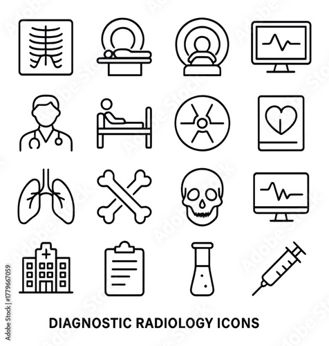 Diagnostic radiology icons: medical imaging and healthcare symbols
