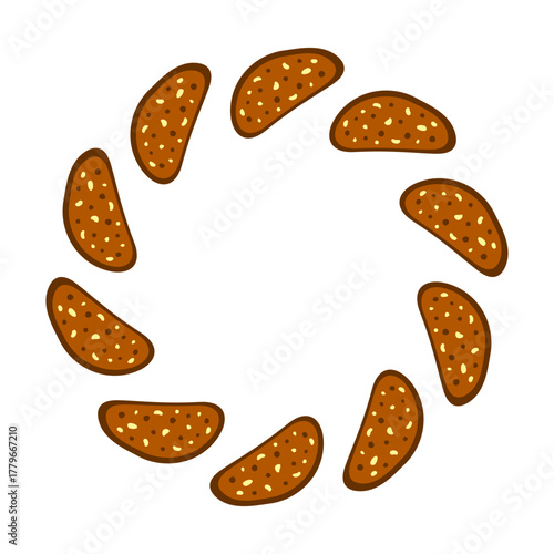 Round wreath with cute flat wholegrain rye bread slices isolated on white background.