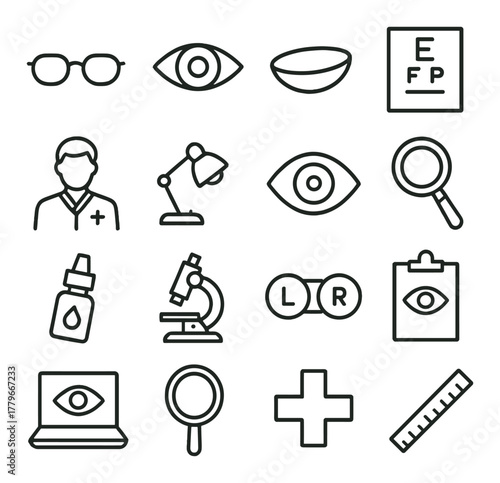 Optometry and vision care icons: glasses, eye examination, lenses, and more