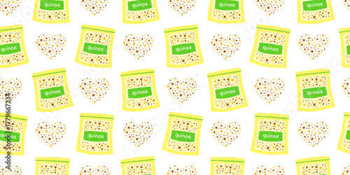 Seamless pattern with hand drawn flat quinoa in pack. Cute background with food ingredients.