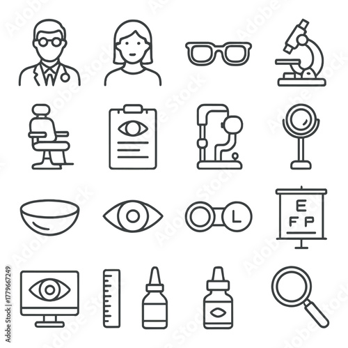 Optometry icons set: eye test, vision care, and examination symbols