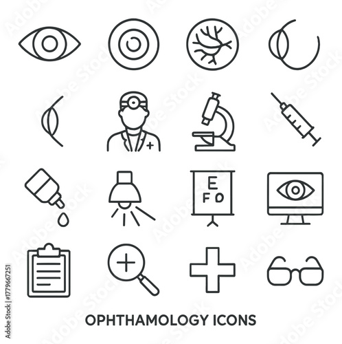 Ophthalmology medical icons set: eye, doctor, microscope, syringe, test chart, glasses