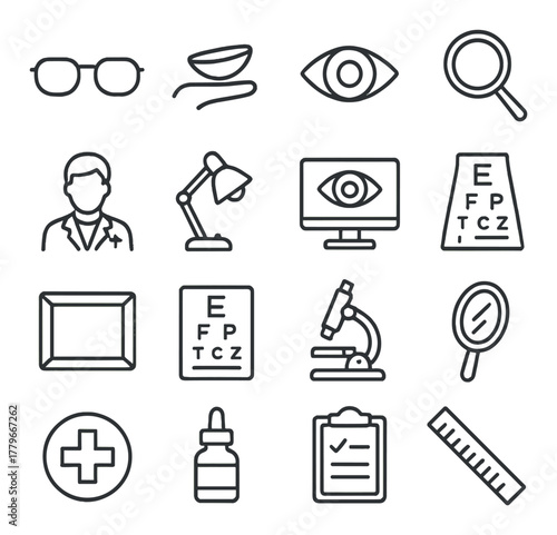 Optometry and vision care icons: glasses, eye chart, microscope, magnifying glass