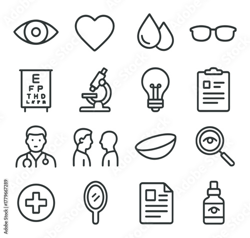 Vision care icons: eye chart, doctor, microscope, glasses, eye drops
