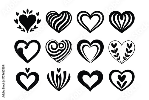 Red vector illustration set of heart shaped buttons, symbols of love and Valentine's Day romance