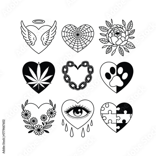 A seamless vector set of heart icons and symbols for love, Valentine's Day, wedding, and romance illustration design