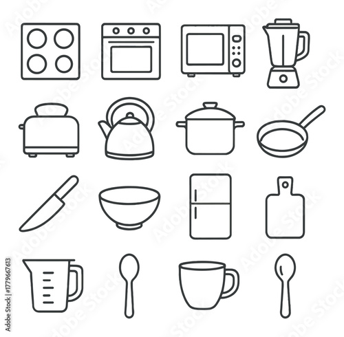 Minimalist kitchen appliance line art icons: stove, oven, blender, toaster, kettle, knife