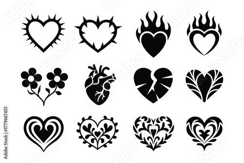 Vector tattoo design set of black laurel wreaths element icons and tribal vintage heart pattern illustration