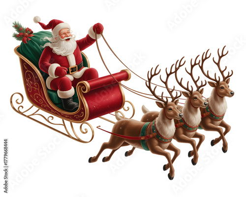 Santa claus riding in his sleigh pulled by reindeer, isolated on transparent background