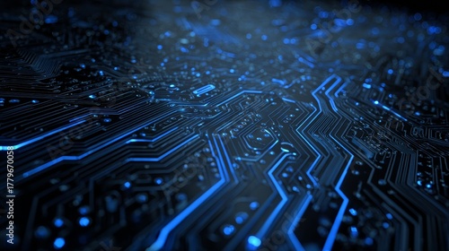 Complex scheme of a printed circuit board in blue light.