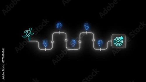 Journey to the goal, business planning concept. Touching a glowing target icon on a connected path with milestones and a running figure. Planning, progress toward business goals. 4k video animation