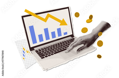 Trendy Halftone Collage Stock market trading decline chart on gadget screen. Laptop with hand, falling coins and arrow going down. Crisis and despair. Investment losses. Vector mixed media design