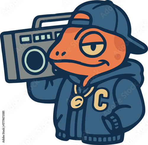 A cool lizard mascot rocking a boombox, embodying urban style and a chill attitude.