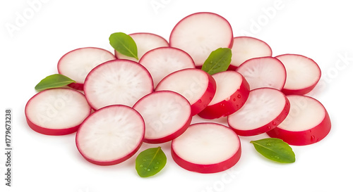 Fresh radish slices with green basil leaves on white background