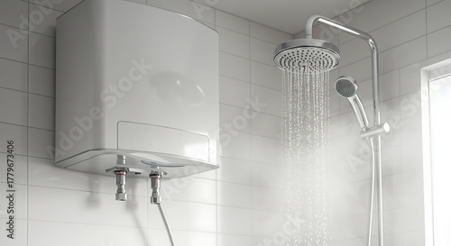 A wall-mounted electric water heater in a bathroom interior, with chrome shower head and clean white tiles. Subtle steam effect emphasizes warmth and comfort.