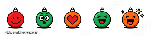 A set of colorful flat illustrations of five Christmas balls with emojis expressing joy, surprise, love and laughter on a pure white background