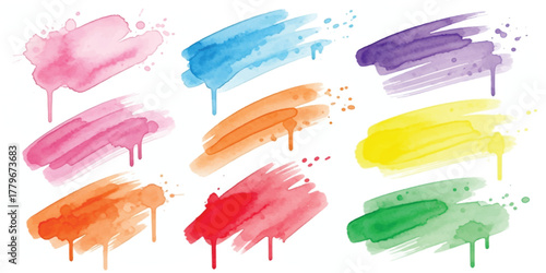 Colorful watercolor brush strokes with paint drips and splatters