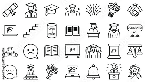 education graduation technology line editable icon set. Editable stroke.