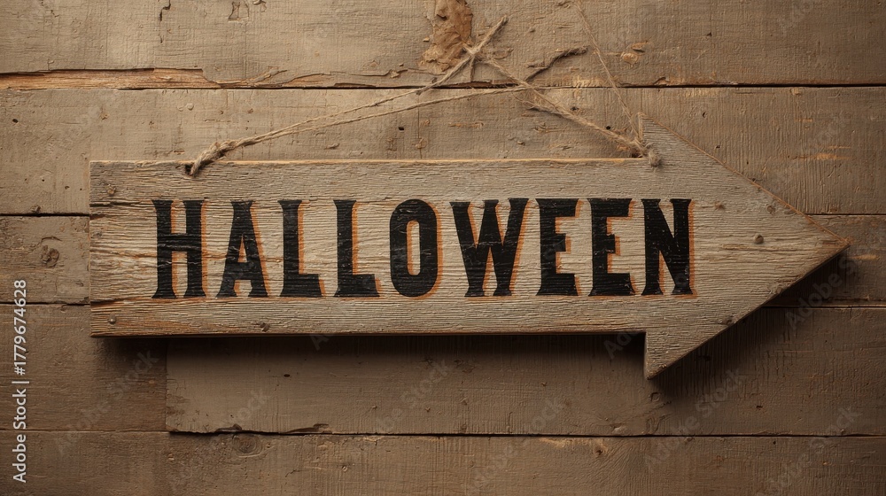Obraz premium halloween arrow sign a rustic wooden arrow sign pointing towards halloween with classic typography in a vintage design inviting a spooktacular journey into the festive season
