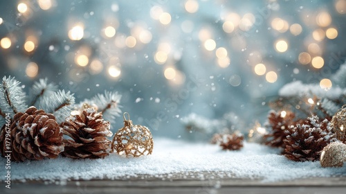 winter wonderland christmas decoration festive winterthemed background capturing the holiday season with snow pine cones ornaments and soft bokeh lights creating a serene atmosphere