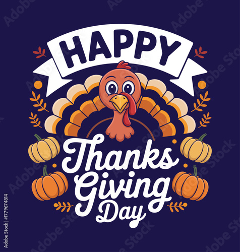 Festive Thanksgiving Day Illustration with Cartoon Turkey and Pumpkins for Holiday Celebration and Seasonal Decoration Perfect for Greeting Cards and Social Media Posts