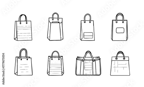 A minimalistic set of black and white linear illustrations depicting different bags on a pure white background