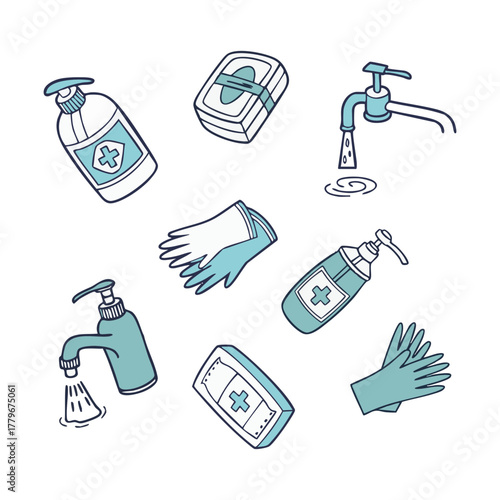 Hand hygiene: soap, antiseptic, gloves and water — a set for health and cleanliness