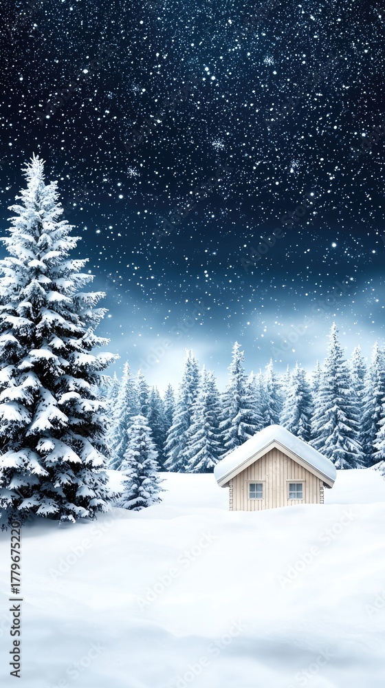 Naklejka premium A wooden cabin stands alone in a snowy field, surrounded by tall evergreen trees under a soft winter sky