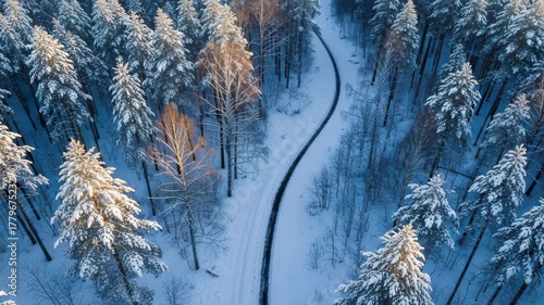 Aerial view of a snowcovered forest with a winding road in wintertime