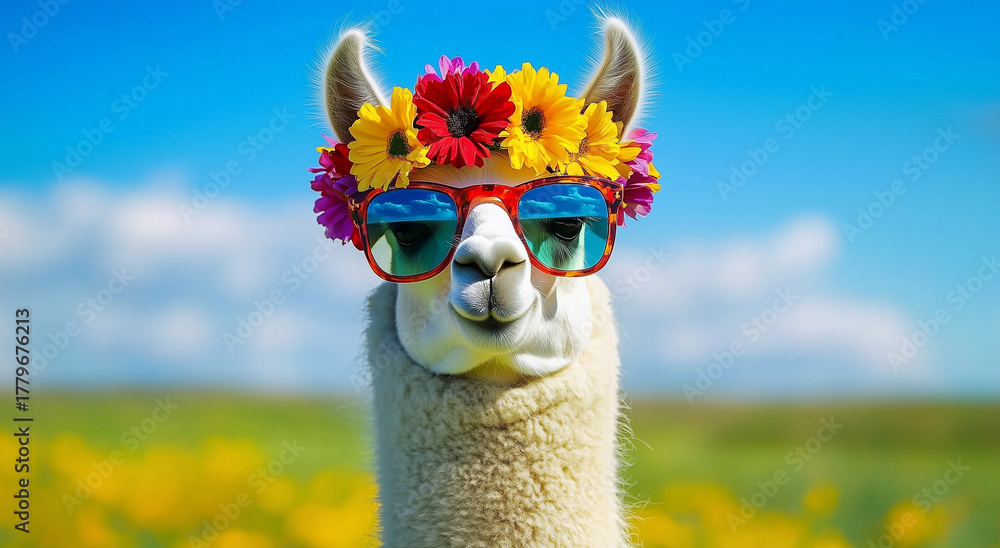 Obraz premium Portrait of a llama or alpaca wearing bright red sunglasses that reflect the blue sky and a vibrant