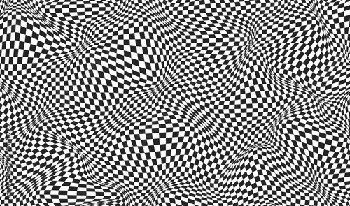 Abstract warped effect background. Black and white psychedelic pattern. Checkerboard wavy design for banner. Y2k distorted print. Optical illusion. Vector illustration