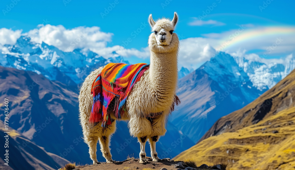 Obraz premium A majestic llama or alpaca stands proudly on a mountain ridge wearing a brightly colored, traditional woven Andean blanket 