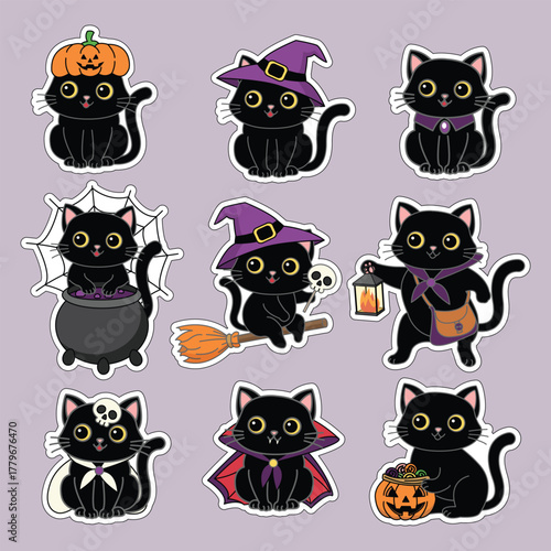 Set of cute black cats for Halloween. Funny icons. Vector illustration.