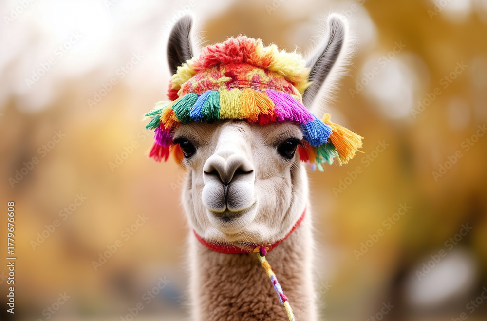 Fototapeta premium Portrait of a llama or alpaca decorated with colorful clothes against blurred background