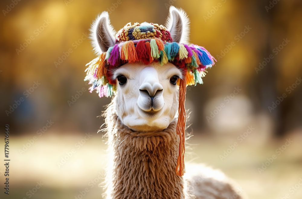Fototapeta premium Portrait of a llama or alpaca decorated with colorful clothes against blurred background