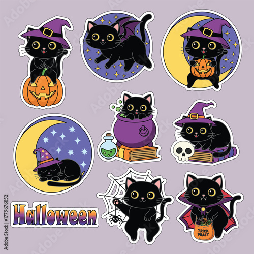Set of cute black cats for Halloween. Funny icons. Vector illustration.