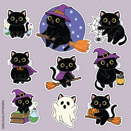 Set of cute black cats for Halloween. Funny icons. Vector illustration.
