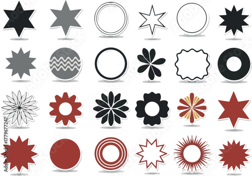 Create Minimal brutalist shape stickers. Vector geometric star shaped icons. Circles and rectangles with wavy zigzag edges. Abstract minimalist flowers and stars. Retro groovy sun burst frames.