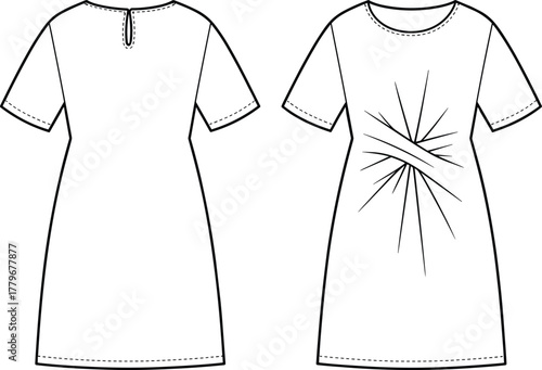 Fashion flat sketch, short sleeve dress, round neckline design, pleated starburst waist detail, keyhole back closure, garment template, apparel illustration, sewing pattern