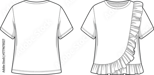 Fashion flat sketch, short sleeve top, round neckline blouse, asymmetrical ruffle detail, pleated hem design, garment template, apparel illustration, sewing pattern