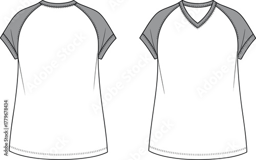 Raglan sleeve t‑shirt illustration, two tone design, V neckline, fashion flat sketch, garment drawing, apparel template, casual wear, clothing construction