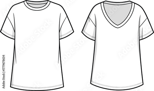 T shirt, crew neck, V neck, fashion, apparel, clothing, casual, men, women, unisex, design, illustration, garment, sketch, outline, white, trendy, stylish, catalog, template, basic