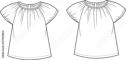 Women blouse, short sleeve, round neck, gathered collar, keyhole back, fashion, apparel, clothing, stylish, trendy, elegant, chic, design, garment, sketch, illustration, template, 
