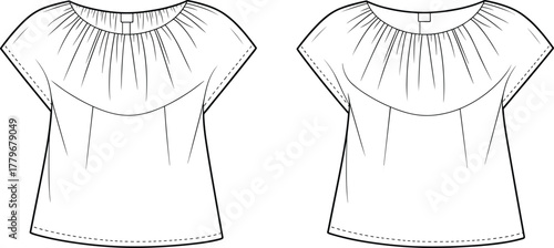 Women top, gathered neckline, cap sleeve, fashion, apparel, clothing, stylish, trendy, elegant, casual, design, garment, sketch, illustration, template, catalog, outline, blouse, front view, back view
